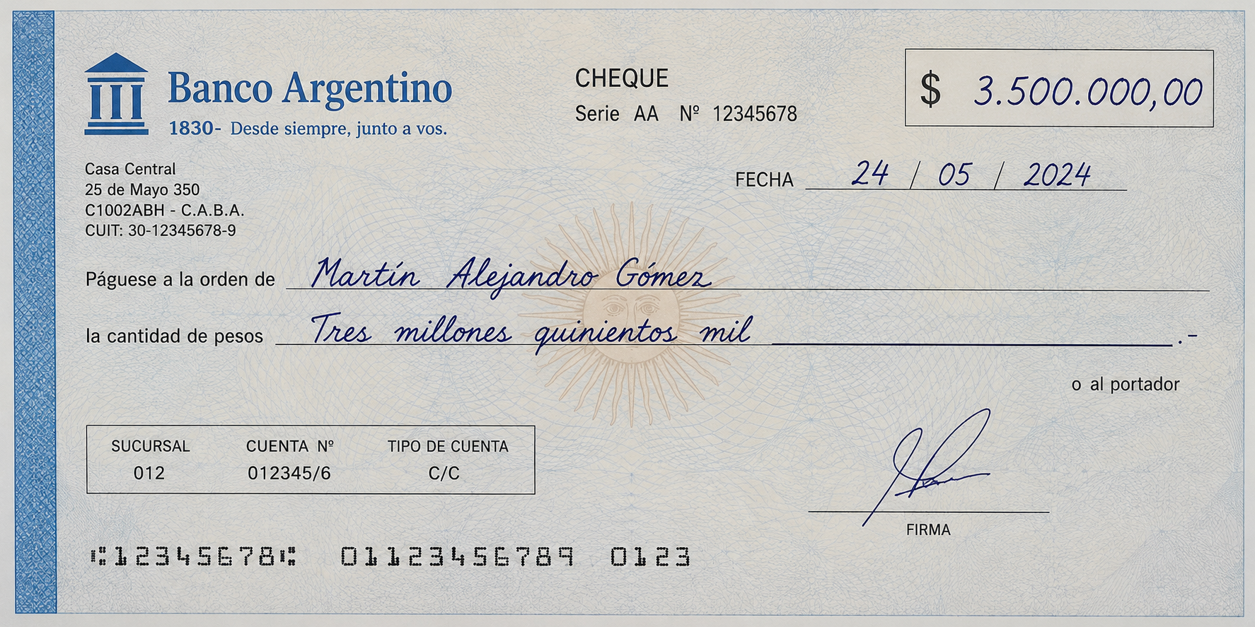 Foto de cheque enviada al agente por WhatsApp